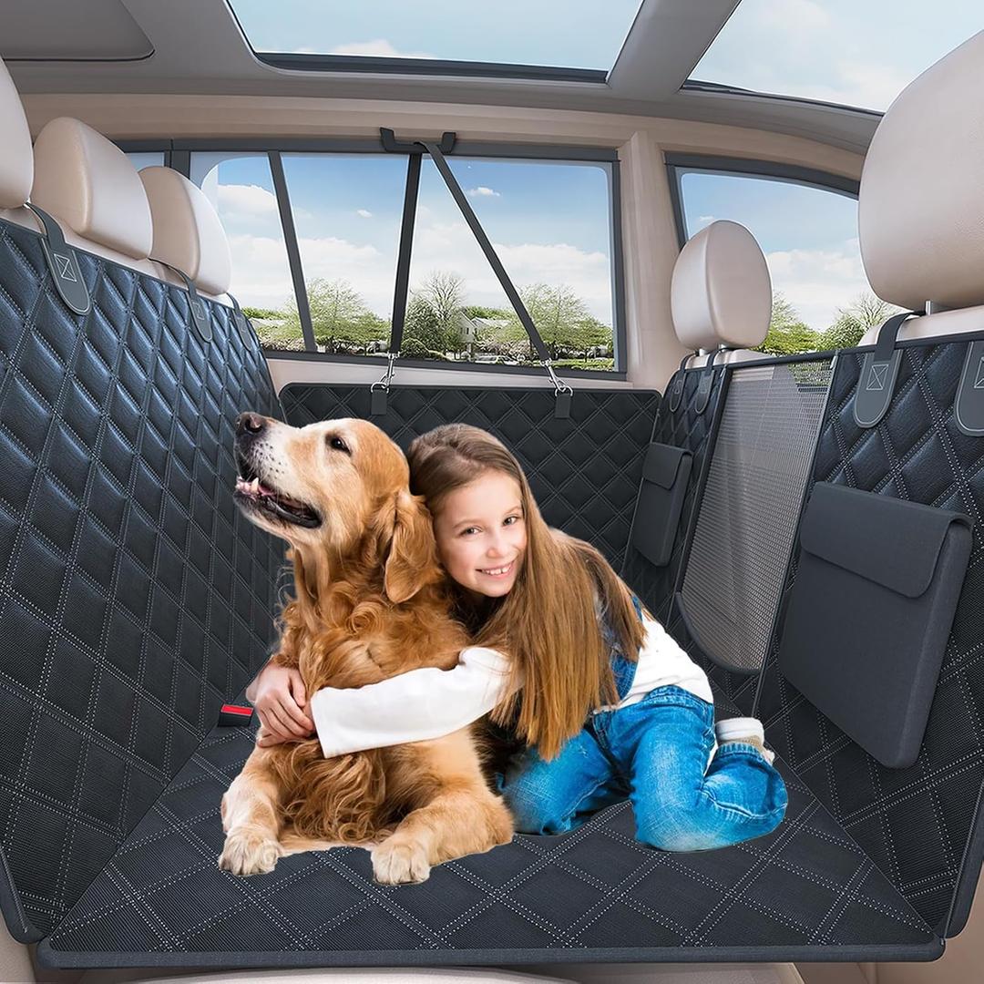 Dog Car Seat Cover for Back Seat, Waterproof Back Seat Extender Hard Bottom Holds 400lbs, Sturdy Dog Hammock for Car Pet Backseat Protector with Mesh Window, Dogs Car Bed for Car, SUV, Truck