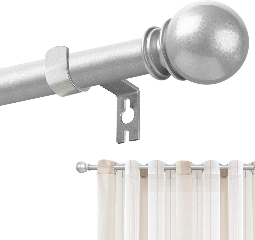 Silver Curtain Rods for Windows 28 to 48 Inch, 5/8" Diameter Heavy Duty Metal Stainless Steel Adjustable Small Curtain Rod With Bracket