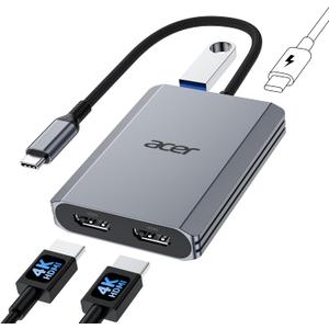 Acer 4-in-1 USB C Hub, Type C to Dual HDMI Adapter 4K@60Hz, HDMI Splitter for Dual Monitors with 100W PD Port, USB 3.0, Dual Monitor Adapter Compatible with Acer, Dell XPS, HP, MacBook Neo/Air/Pro