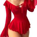 Neohouny Plus Size Lingerie for Curvy Women Babydoll Dress Rave Outfits Sexy Mesh Tops See Through Lingerie Sets Red XXL
