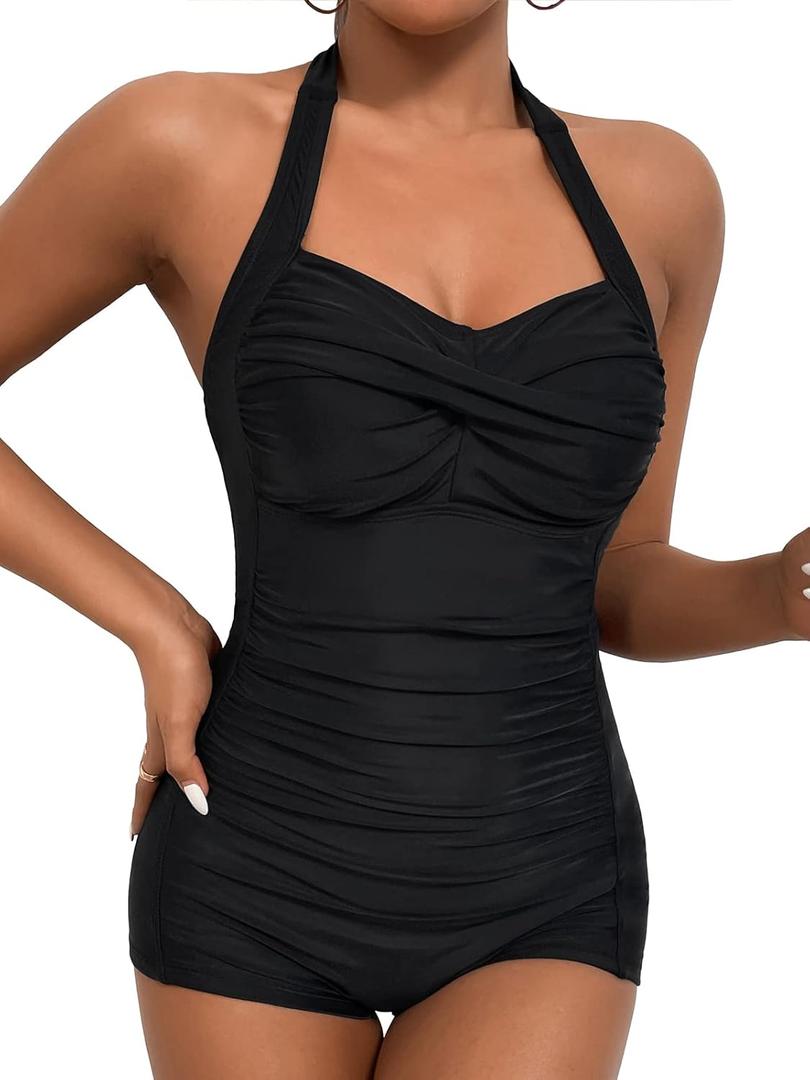Women's Retro Tummy Control Swimsuits Halter One Piece Slimming Swimwear,Vintage Boyshorts Ruched Push Up Bathing Suit (Large, Black)