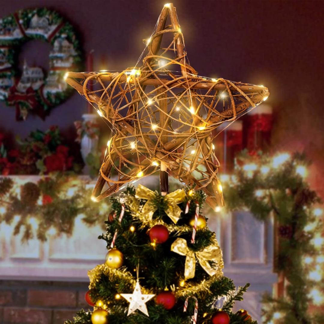 Christmas Tree Topper 30 LED Lights Rattan Natural Star Treetop Christmas Tree Holiday Party Decorations