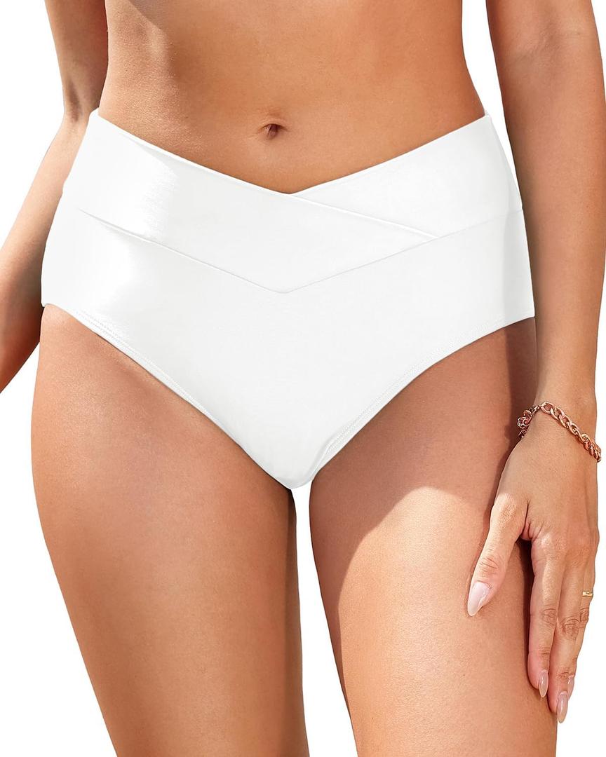 Women V Cut Full Coverage Bikini Bottom - High Waist Swim Bathing Suit Bottoms Cross V Front Swimsuit XL