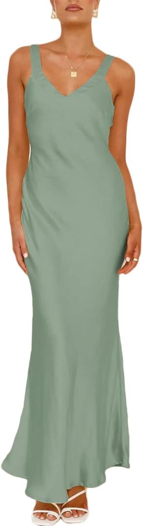 Satin V Neck Maxi Dress for Women Wedding Guest 2026 Summer Formal Elegant Cocktail Sleeveless Long Dresses Backless (Green, XL)
