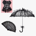 Lace Parasol Set Halloween Black Lace Umbrella Parasol Vintage Embroidery Umbrella Black Flower Gloves Handheld Folding Fan for Weeding Bridal Dancing Party Halloween Cosplay
