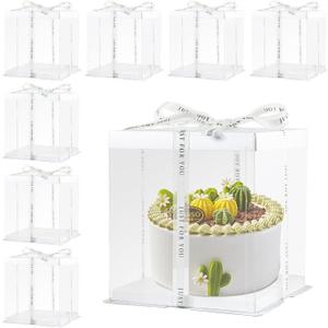 8Pcs Clear Cake Box with Ribbon 2-Layer 10x10x9 Inch, Transparent Cake Carrier Box with Lids, Tall Cake Boxes, Clear Gift Boxes for Birthday Wedding Valentine'Day.(White, 10*10*9inch/8pcs)