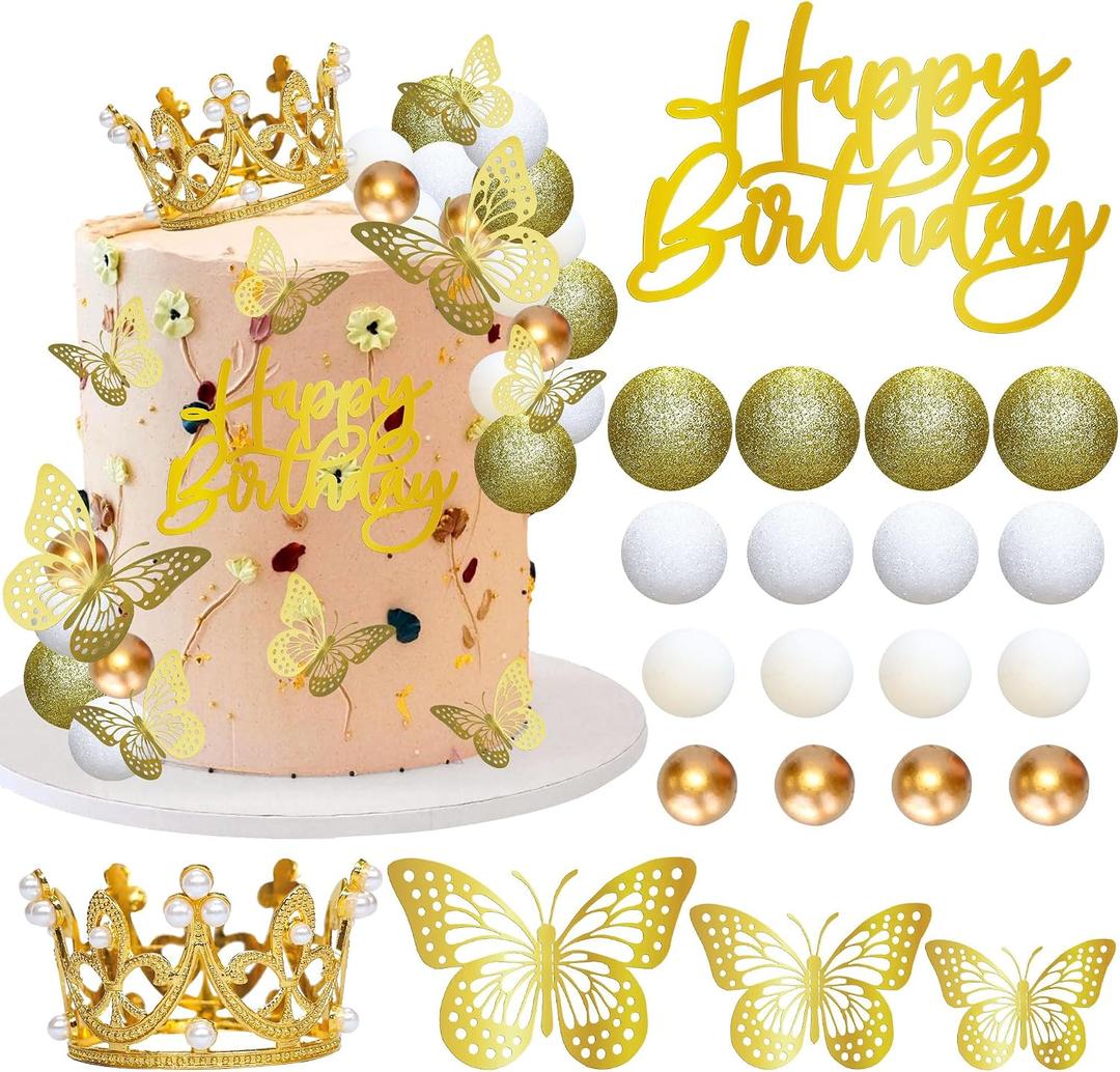 Gyufise 40Pcs Crown Cake Topper Balls Happy Birthday Cake Toppers Crown Birthday Candles Butterflies Corona Para Pastel Cake Decorations for Wedding Baby Shower Party Decorations Gold
