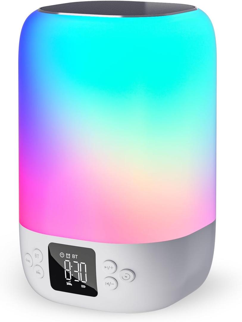 Night Light Bluetooth Speaker Alarm Clock, Sound Machine with White Noise, Touch Bedside Lamp for Bedroom, Dimmable Warm Light, 8 RGB Color Changing, Ideal Gift for 10-15 Year Old Teenage Boys Girls