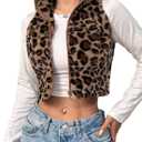 Women's Y2k Leopard Print Cropped Vest Jacket Zip Up Fuzzy Sleeveless Cheetah Outwear (X-Large, Brown)