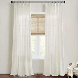 SHINELAND Single Pinch Pleated Linen Curtains, Cotton Blend Natural Fabric, Light Filtering Semi Sheer Pnale for Cozy Farmhouse Living Room Bedroom, 84 Inch Long, Cream