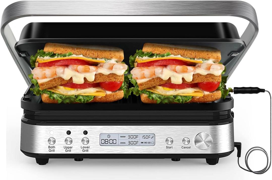 Panini Press Grill Sandwich Maker with Removable Plates, 5 in 1 Smokeless Indoor Grill & Griddle with Meat Thermometer, CATTLEMAN CUISINE Electric Contact Grills for Kitchen, Stainless Steel, 1600W