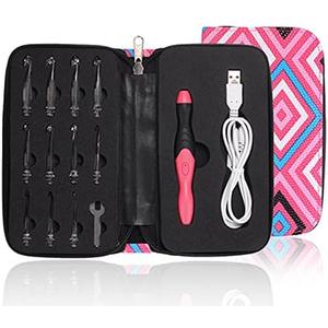 LOVE and WEAVING Lighted Crochet Hook Set - 11 Size Interchangeable Heads 2.5mm to 8.0mm with Latest Bag,USB Rechargeable LED Lighted Crochet Hook Set for Arthritic Hands (Pink Plaid)