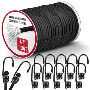 Marine Grade Heavy Duty Bungee Cord Roll with 12 Hooks - Black Elastic Shock Cord Kit for Kayak Deck, Outdoor Camping, Tarp Tie Downs, Bike Rack, DIY Assorted Bungee Ropes (1/4" x 100ft)