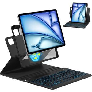 Magnetic 360 Rotatable Wireless Bluetooth Keyboard Case for iPad Air 13 (M2) & Pro 12.9 (6th/5th/4th/3rd Gen) - 7 Colors Backlit Detachable Folio Cover (Black)