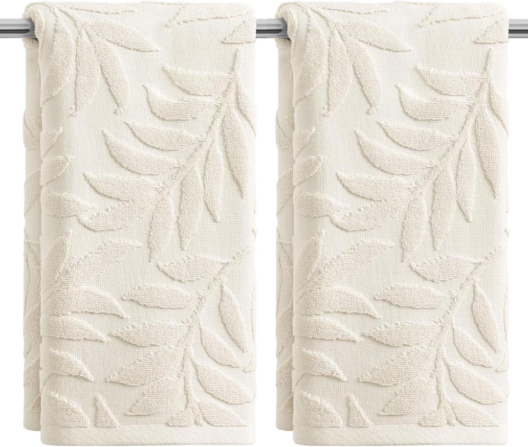 Artoid Mode 2 Pcs Beige 3D Leaves Jacquard Hand Towels for Bathroom, 100% Cotton Soft Absorbent Bathroom Decor Towels, 13.7 x 29.5 Inch
