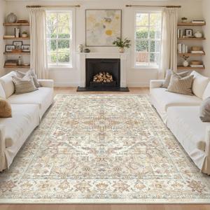 zesthome 9x12 Area Rugs-Washable Rug for Living Room, Non-Slip Backing Rugs, Stain Resistant Rug for Bedroom, Ultra-Thin Low Pile Rugs, Vintage Large Home Decor (Orange/Beige)