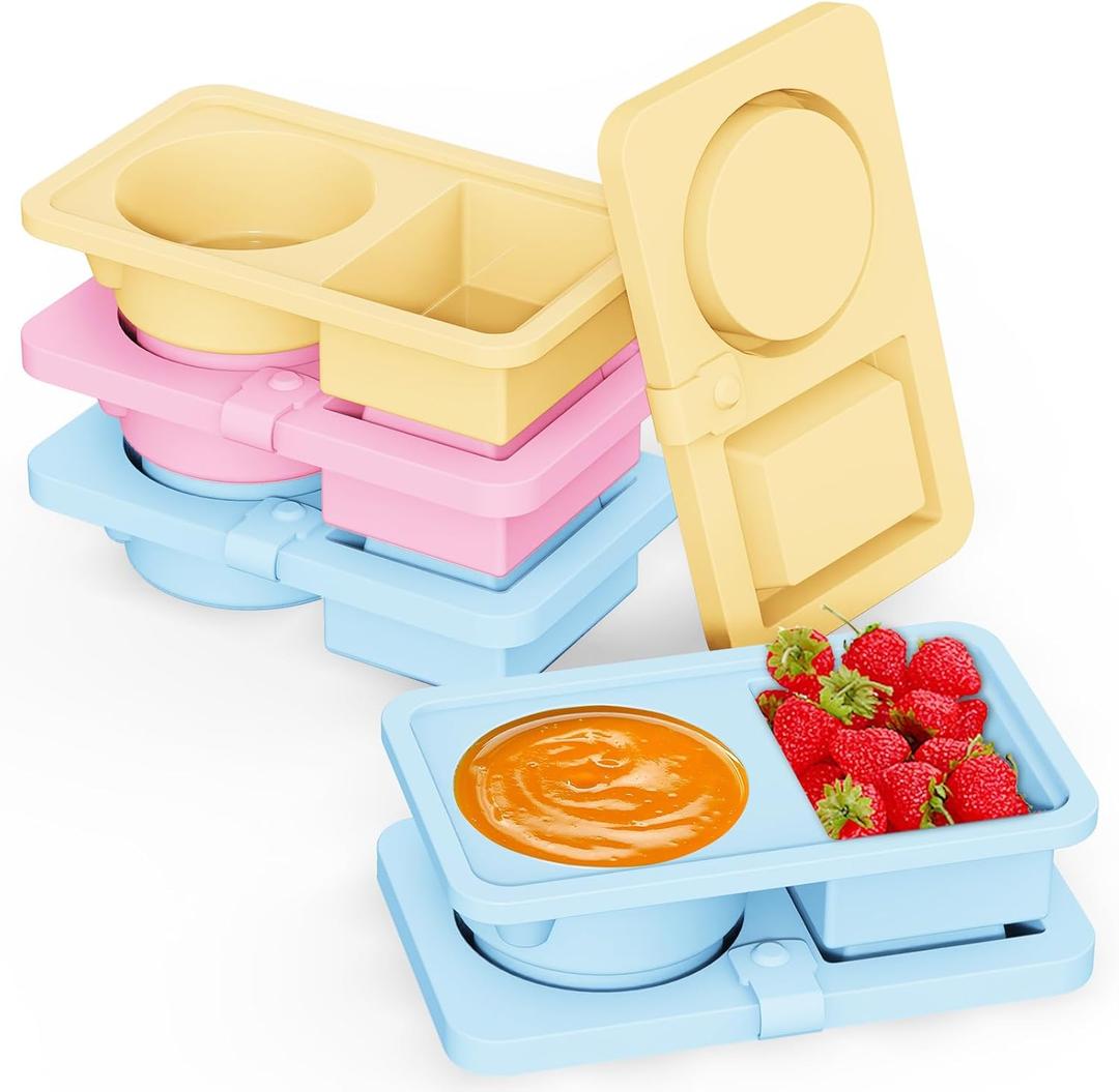 3 Pack Reusable Silicone Snack Containers with Lids, Double Compartment Snackle Containers, Salad Sauce Seasoning Container, Small Mini Kids Food Snack Boxs for Travel, Office, Picnic