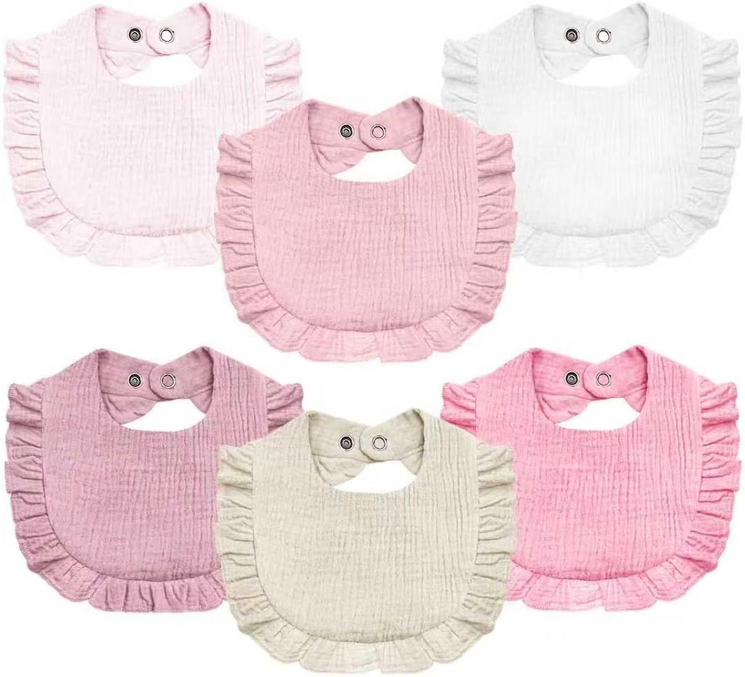 Baby Muslin Bibs,6 Pcs Drool Bandana Bibs for Baby Girl Drooling and Teething,Soft and Absorbent Cotton for Newborn (Pink & White)