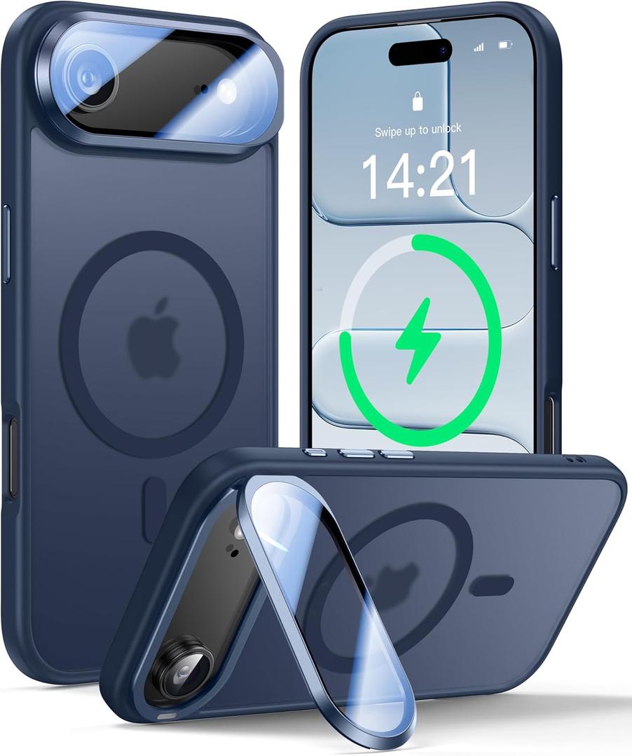 [Upgraded Full Camera Protection] for iPhone Air Case with Camera Cover Stand [Fit for MagSafe][10FT Mil-Grade Protection] Translucent Magnetic Phone Cover for iPhone 17 Air Case, Blue