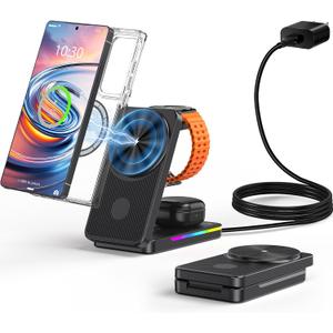 3 in 1 Magnetic Wireless Charger for Samsung, Foldable MagSafe Wireless Charging Station for Samsung Galaxy S25 Ultra/Z Fold7/Flip7/S24, Watch Charger for Galaxy Watch Ultra/8/7/Buds (for Travel) (Black)