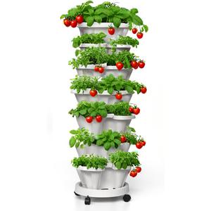 Strawberry Planters, 7 Tiered Vertical Stackable Planter, Herb Stacking Tower Garden, Flower and Vegetable Planters with Support Pole Indoor and Outdoor with Removable Wheels - White