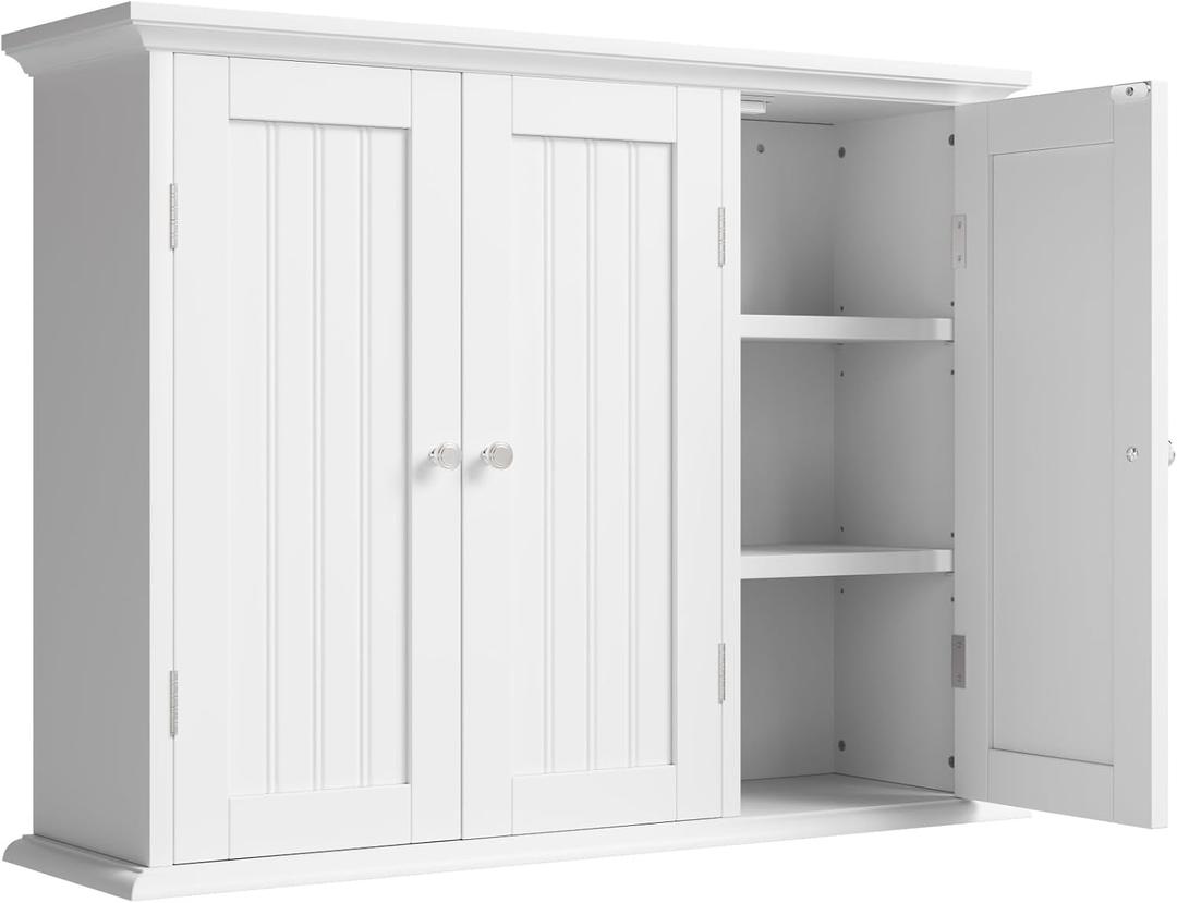 ChooChoo Bathroom Wall Cabinet with 3 Doors, Laundry Cabinet Wall Mounted, Medicine Cabinet with Adjustable Shelves, Hanging Kitchen Cupboard Organizer, White, 9.06"D x 31.1"W x 23.4"H