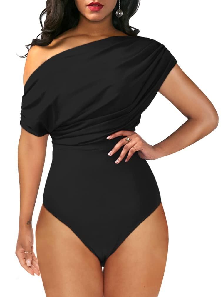 YMDUCH Women's Sexy Off Shoulder Sleeveless Bodycon One Piece Bodysuit Top, L