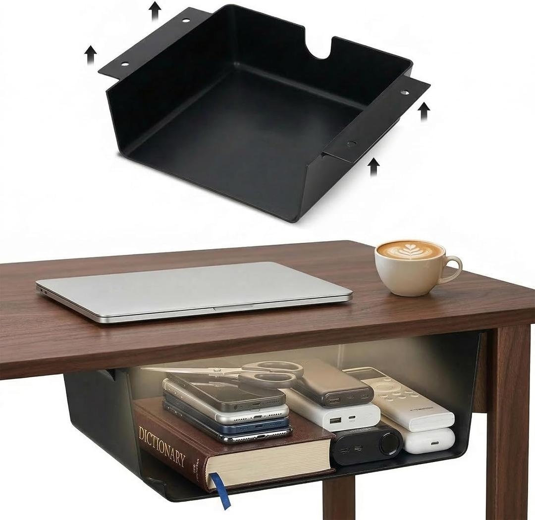 2 Pack Under Desk Hanging Shelf Drawer Organizer, Attachable Plastic Hidden Storage Tray, Easy Adhesive Mount Holder for Standing Tables, Office, Counters, Cabinets, Workstations - Black