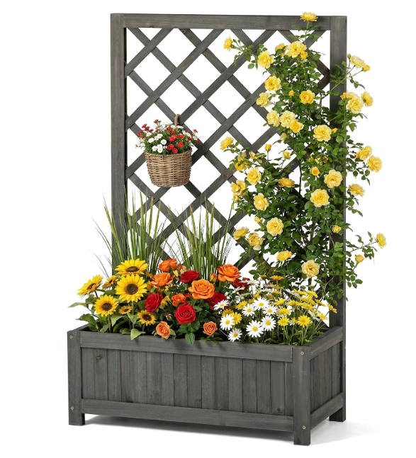 Wooden Raised Garden Bed with Trellis, 40" Outdoor Planter Box for Climbing Plants, Vertical Modern Gray Garden Planter for Vegetables, Flowers & Vines, Lattice Plant Support for Patio Yard Balcony