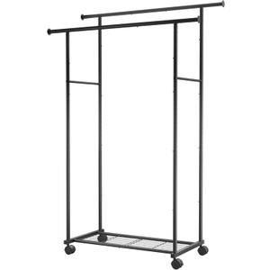 Metal Clothes Rack - Double Rod Clothing Rack with Fixed Extension Rod & Universal Wheels, Coat Rack with Built-In Shelf for Closet Organizers and Storage (38.5''  16.5''  57.4'', Black)