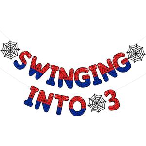 TaoBary Spider Theme 3rd Birthday Banner, Pre-strung Swinging into 3 Banner, Spider 3rd Birthday Decorations Party Supplies for Kids, Third Decor for 3 Year Old Boys Girls( Multicolor)