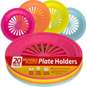 Besti Reusable Plastic Paper Plate Holders 10 Inch, 20 Piece Round Plastic Paper Plate Holder Set with Snap-In Grooves, Dishwasher Safe, 4 Assorted Colors (Multicolor)