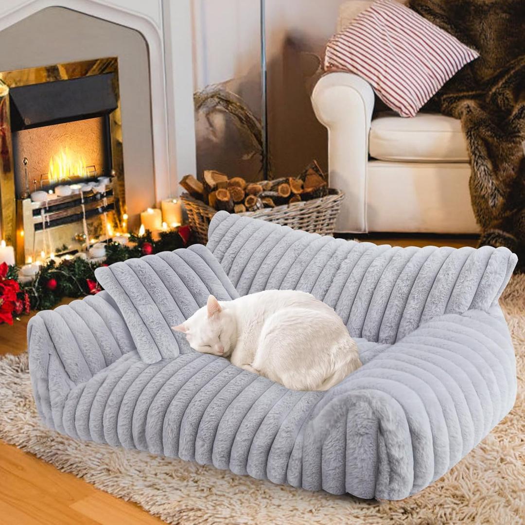 Cute Cat Couch Bed for Indoor Cats, Fluffy Pet Cat Sofa with Premium Soft Corduroy Fleece, Cute Small Dog Beds for Small Dogs, Fuzzy Puppy Chair with Removable Washable Cover (30x20x10,Grey) (Medium)