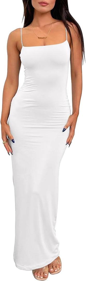 LILLUSORY Womens Summer Casual Slip Dresses Spaghetti Strap Double Lined Bodycon Maxi Dress (Small, White)