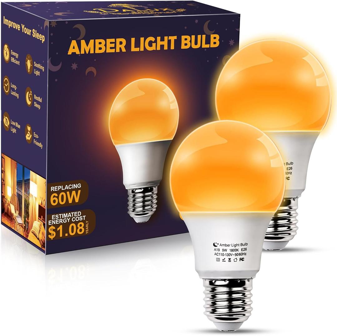 Amber Sleep Light Bulbs, Blue Light Blocking, A19 9W(60 Watt Equivalent) Dim Light Bulbs for Lamp, 1800K Warm Light Bulb, E26 for Healthy Sleep Bedroom Kids Room, 4.30X2.35X2.35 Inch, 2 Pack