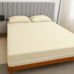 King 1 PC Zipper Fitted Sheet, Brushed Premium Quality Microfiber, Soft Shrinkage and Fade Resistant Bottom Sheet fits Upto 16 Inch Deep Pocket, Zipper Mattress Cover, Ivory