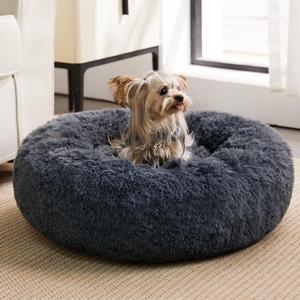 WNPETHOME Calming Dog Beds for Large Dogs, Anti-Anxiety Donut Large pet Bed, Fluffy Faux Fur Plush Pet BedWarming Cozy Soft Round Lagre Bed for Jumbo Dogs, Cat Cuddler Cushion Bed (Navy Grey)