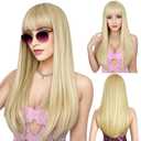 Blonde Wig with Bangs, Long Straight Wigs for Women Natural Hair Wigs Synthetic Blond Wigs for Girls Daily Party Halloween Cosplay Wig 22 Inch