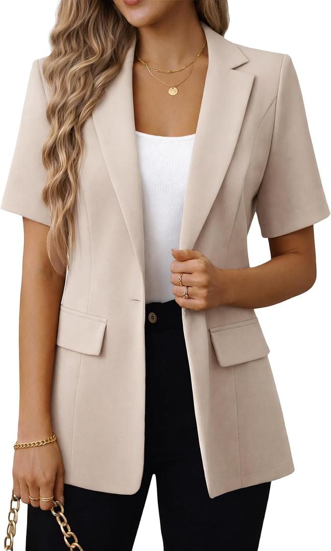 Mina Self 2026 Summer Women's Short Sleeve Blazer Jacket - Open Front Lightweight Breathable Fully-Lined Work Casual Pocket (Beige, XXL)