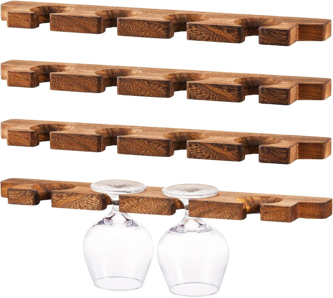 Ripeng 4 Pcs Wall Mounted Wood Stemware Rack Champagne Holder Rustic Wine Glass Hanging Shelf Wood Floating Glassware Wall Holder for Party Kitchen Bar Organizer 17 x 3 x 0. 8 Inch (Dark Brown)