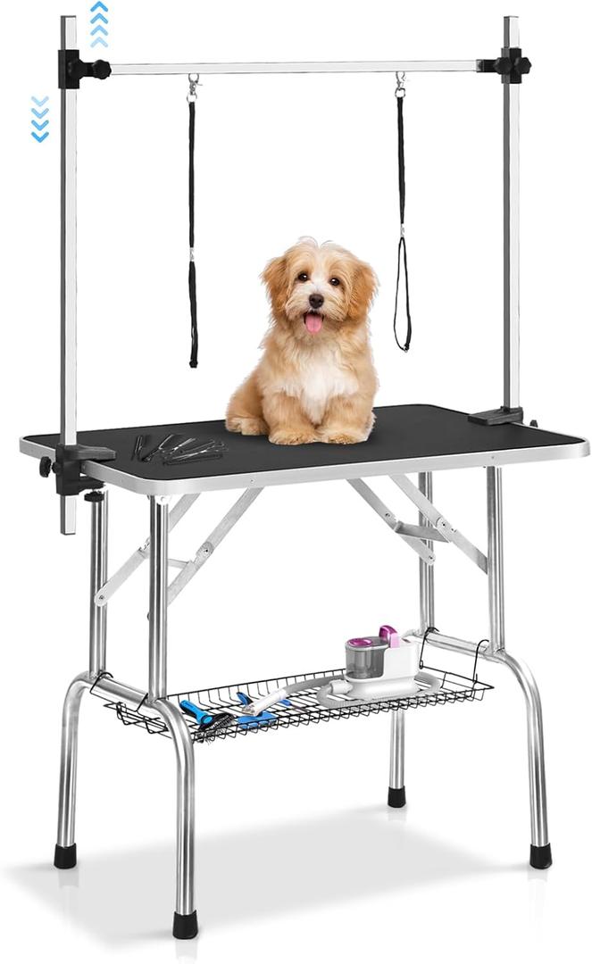 36'' Professional Dog Pet Grooming Table Adjustable Height Heavy Duty Portable Trimming Table with Arm/Noose/Mesh Tray, Maximum Capacity Up to 300 LBS, Black