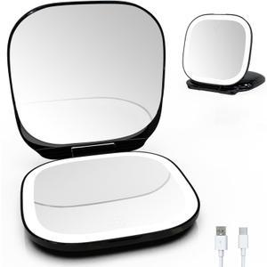 Adjustable Brightness Compact Mirror, Lighted Travel Mirror with 1X/10X Magnifying,Double Sided,Mini Dimmable Portable for Handbag and Pocket, USB C Charging,for Girls Women(Black)