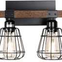 Bathroom Vanity Light Fixture, Rustic 4-Light Wood Wall Light, Industrial Bathroom Lighting Fixture Over Mirror, Modern Matte Black Metal Cage Wall Sconce for Hallway, Kitchen, Bedroom