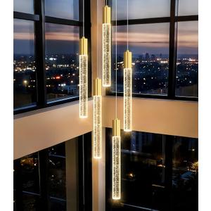 HAIXIANG 5-Lights Chandelier Modern Crystal Glam Light Remote Dimmable Pendant Lighting for Kitchen Island Dining Room Shiny Gold Light