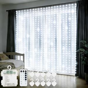 echosari Curtain Lights Battery Operated, 300 LED Fairy Curtain Lights 9.8 x 9.8Ft with Timer Hooks for Bedroom Wedding Backdrop Indoor Decor (Cool White)