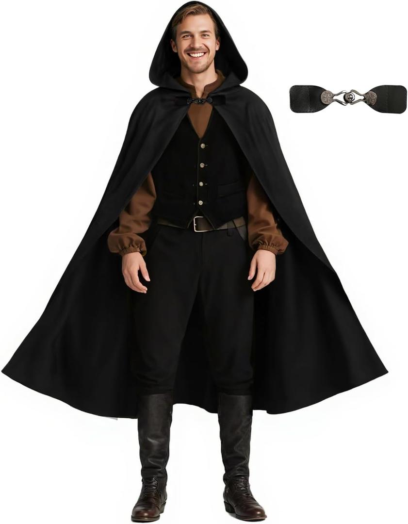 Medieval Hooded Cloak Renaissance Cape for Men and Women Halloween Costume (Black)