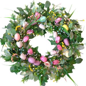 Bibelot 24 Inch Easter Wreath for Front Door, Tulip Easter Egg Wreath with Colorful Berries, Spring Floral Wreaths for Home Wall Window Farmhouse Decor