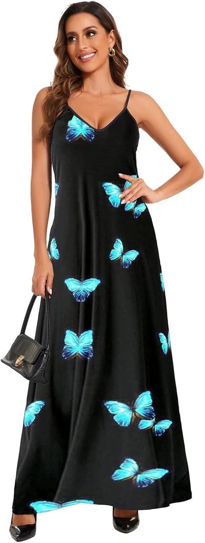 shengfan Plus Size Maxi Dresses Sundress for Women Loose Printed Adjustable African Beach Dress with Pockets (Black, M)