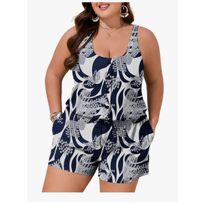 Summer Mae Plus Size Swim Romper One Piece Swimsuit Women Blouson Bathing Suit with Pockets 2025 Modest Swimwear, 18W, Indigo Tribal