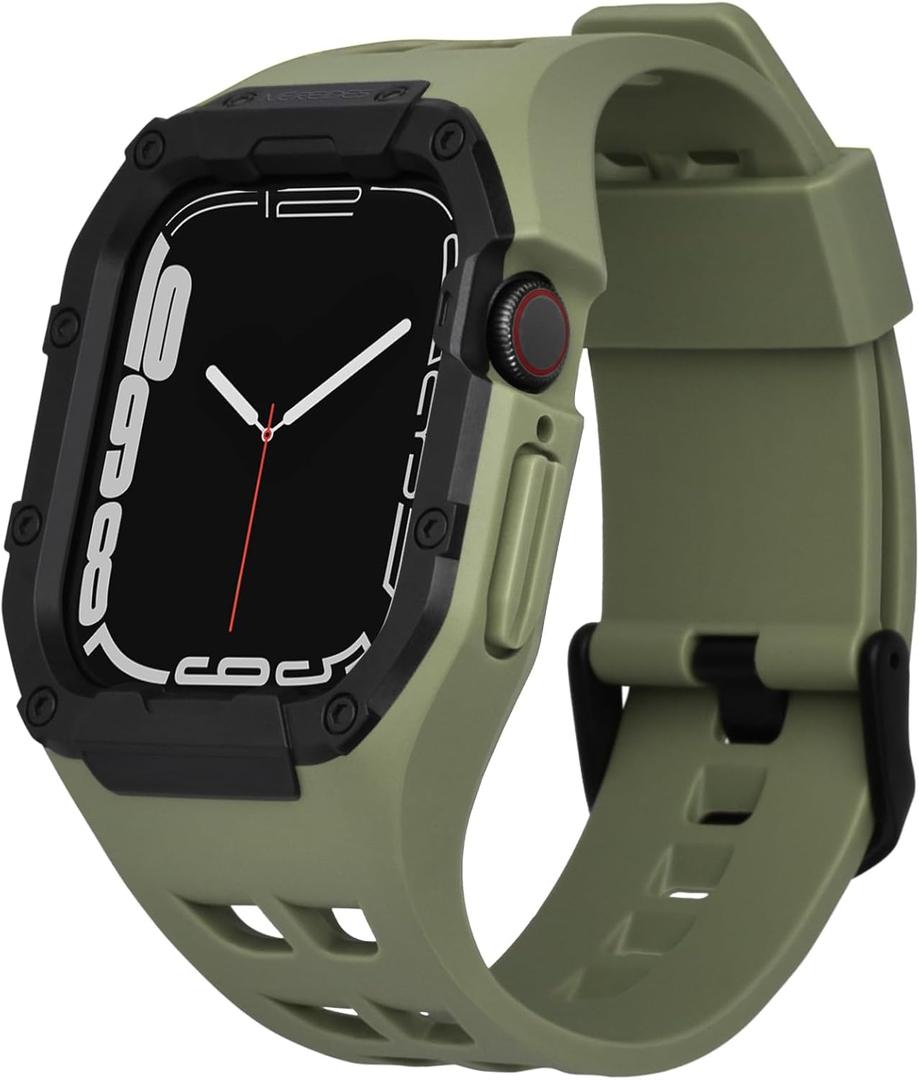 Compatible with Apple Watch Band 45mm 44mm, for iWatch Band Series 9/8/7/6/5/4/SE/SE2, Rugged Heavy Duty Case with Strap, Shockproof PC Frame Bumper Case for Men (Army Green)